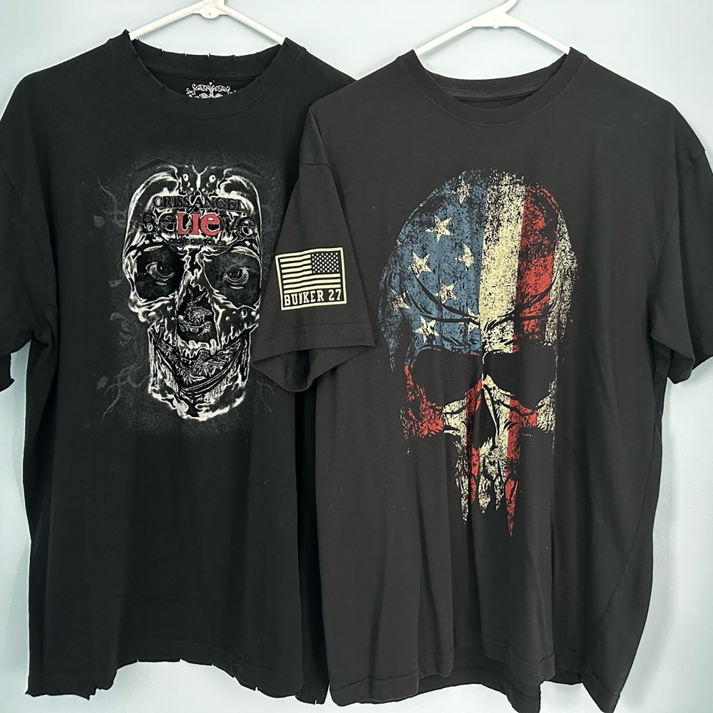 2 Men's Black Graphic T-Shirt Criss Angel and Bunker 27 XL.